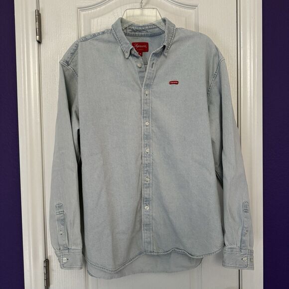 Supreme Light Blue Denim Wooster Cotton Long Sleeve Box Logo Shirt Size Medium - Picture 9 of 12